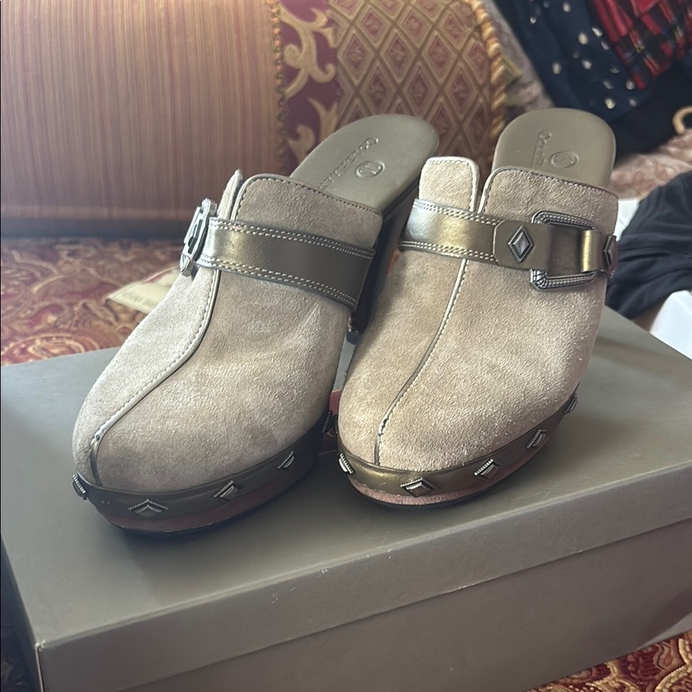 Stylish Beige Suede Clogs with Studded Trim
